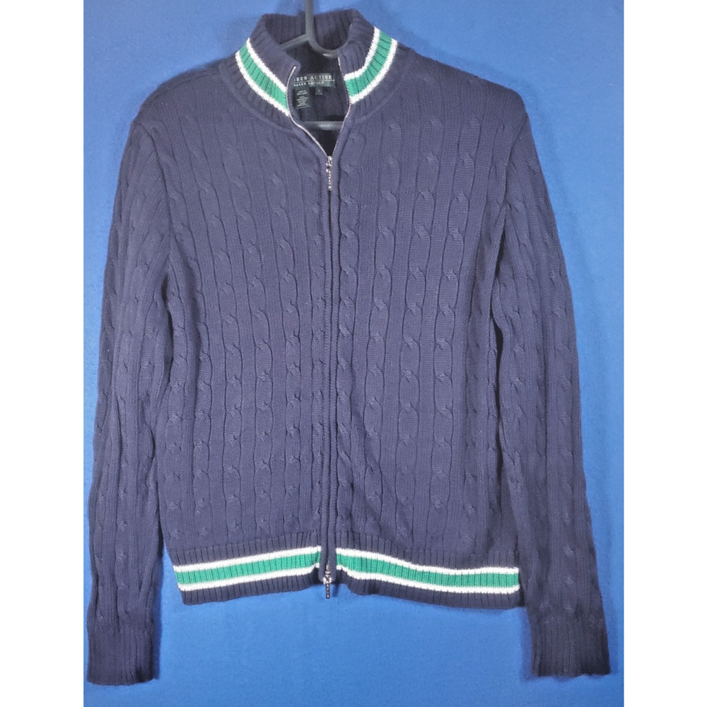 LRL Lauren Active Ralph Lauren Women's L Navy Blue Cable Knit Full Zip Sweater